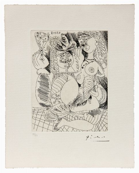 Pablo Picasso : Uomo che tiene un bicchiere in compagnia di una nuda amante  - Asta Asta arte moderna e contemporanea  - Associazione Nazionale - Case d'Asta italiane