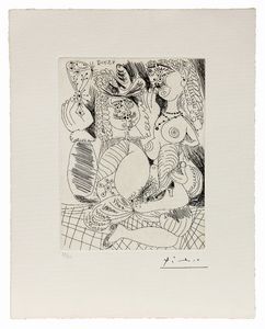 Pablo Picasso - Uomo che tiene un bicchiere in compagnia di una nuda amante