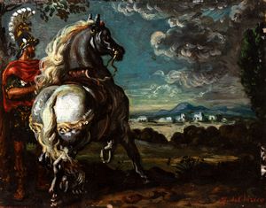 ,GIORGIO DE CHIRICO - Cavallo e cavaliere nel paesaggio