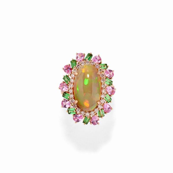Anello in oro rosa 18K con opali, tsavoriti, diamanti e zaffiri rosa  - Asta Argenti - Associazione Nazionale - Case d'Asta italiane