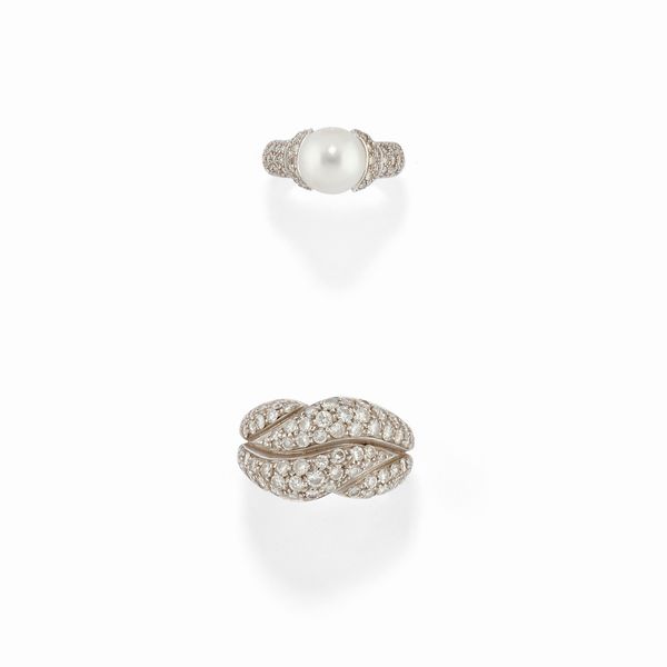 Due anelli in oro bianco 18K, diamanti e perla  - Asta Argenti - Associazione Nazionale - Case d'Asta italiane