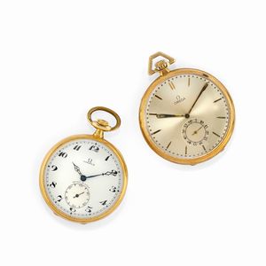 ,Omega - Due orologi da tasca in oro giallo 18K