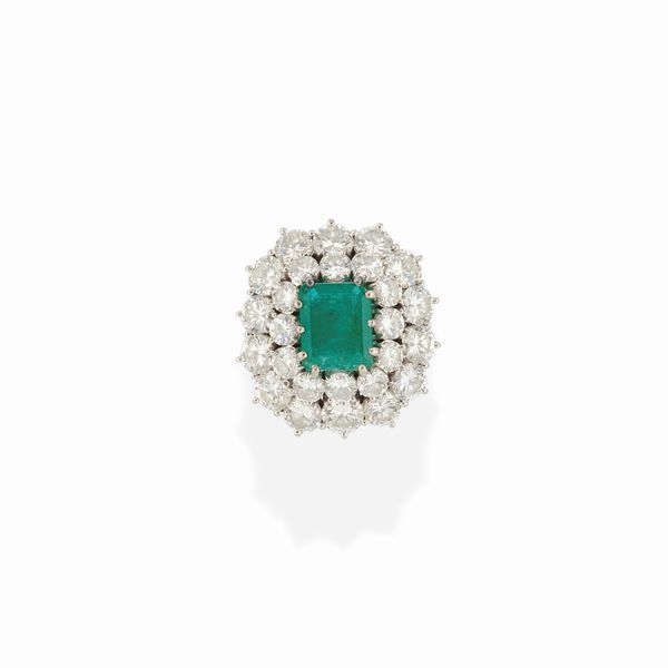 Anello in oro bianco 18k, smeraldo e diamanti  - Asta Gioielli - Associazione Nazionale - Case d'Asta italiane