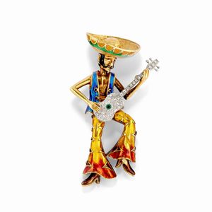 ,Damiani - Spilla-pendente in oro bicolore 18K, diamanti, smeraldo e smalto policromo