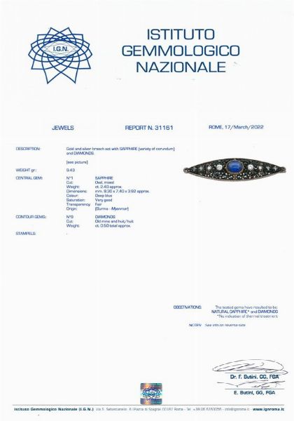 SPILLA A BARRETTA CON ZAFFIRO BIRMANO E DIAMANTI  - Asta Gioielli - Associazione Nazionale - Case d'Asta italiane