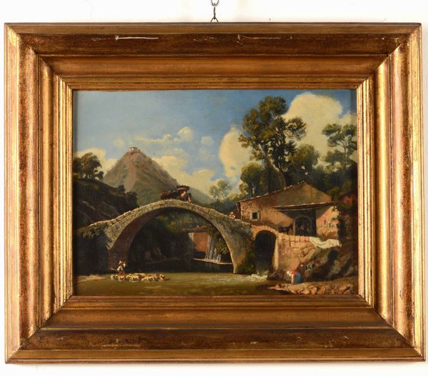 Scuola napoletana, fine XIX, inizi XX secolo Scorcio di campagna con ponticello  - Asta Dipinti del XIX e XX secolo | Cambi Time - Associazione Nazionale - Case d'Asta italiane