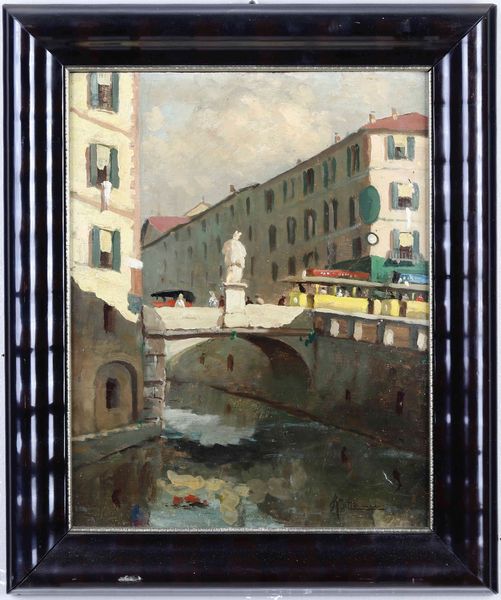 ,Achille Cattaneo : scorcio cittadino su fiume  - Asta Dipinti del XIX e XX secolo | Cambi Time - Associazione Nazionale - Case d'Asta italiane