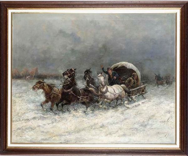 Firma O. Bilinsky Calesse sulla neve  - Asta Dipinti del XIX e XX secolo | Cambi Time - Associazione Nazionale - Case d'Asta italiane