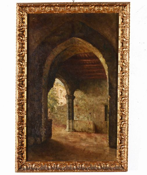 Scuola napoletana, XIX secolo Scorcio di cortile neogotico  - Asta Dipinti del XIX e XX secolo | Cambi Time - Associazione Nazionale - Case d'Asta italiane