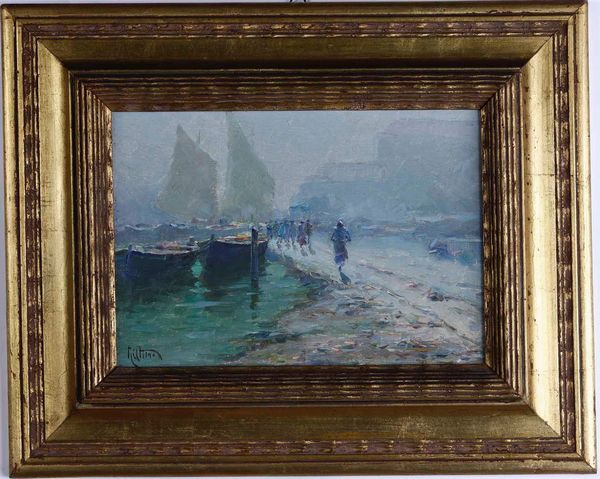 ,Vittorio Nattino : Mandrio nella nebbia  - Asta Dipinti del XIX e XX secolo | Cambi Time - Associazione Nazionale - Case d'Asta italiane