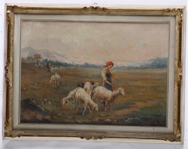 ,Pacifico Sidoli : Paesaggio rurale con figura e pecore  - Asta Dipinti del XIX e XX secolo | Cambi Time - Associazione Nazionale - Case d'Asta italiane