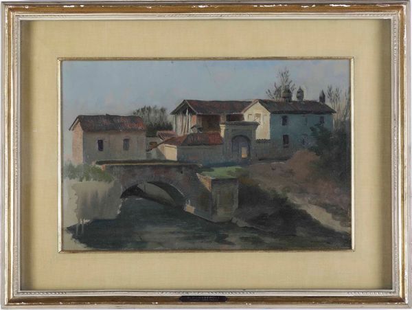 ,Raffaele Pontremoli : Paesaggio con case e ponte  - Asta Dipinti del XIX e XX secolo | Cambi Time - Associazione Nazionale - Case d'Asta italiane