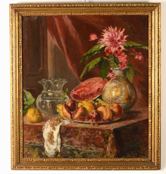 Scuola italiana del XX secolo Natura morta con vaso di fiori e frutta su di un piano ricoperto da tappeto  - Asta Dipinti del XIX e XX secolo | Cambi Time - Associazione Nazionale - Case d'Asta italiane