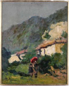 ,Achille Cattaneo - Paesaggio montano con case e figure con ombrello rosso