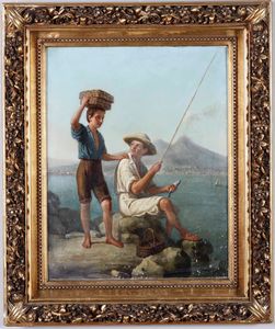 ,Vittorio Capessiero - Pescatori con Vesuvio sullo sfondo