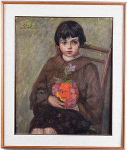 ,Evasio Montanella - Bimba con mazzo di fiori