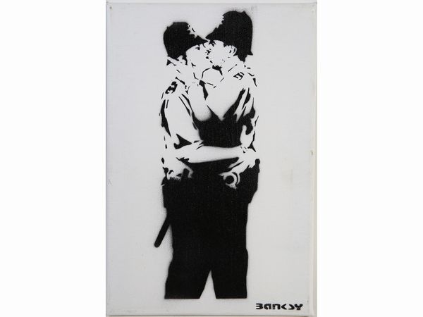 ,Banksy : Kissing policeman 2015 (Dismal Canvans)  - Asta Arte Moderna e Contemporanea - Associazione Nazionale - Case d'Asta italiane