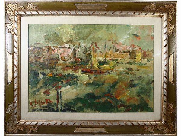 ,Emanuele Cappello : Marina con barche  - Asta Arte Moderna e Contemporanea - Associazione Nazionale - Case d'Asta italiane