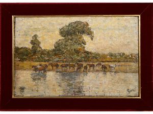 ,Luigi Gioli - Paesaggio fluviale con mandria di cavalli