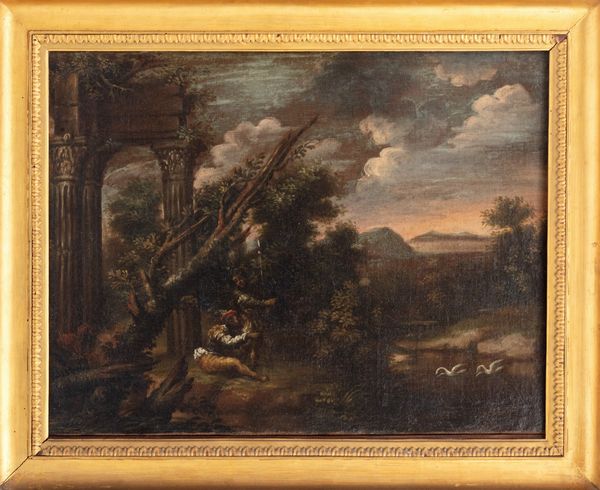 ,Pietro Montanini, detto Petruccio Perugino : Paesaggio fluviale con viandanti a riposo e antiche rovine  - Asta Dipinti e Disegni Antichi - Associazione Nazionale - Case d'Asta italiane