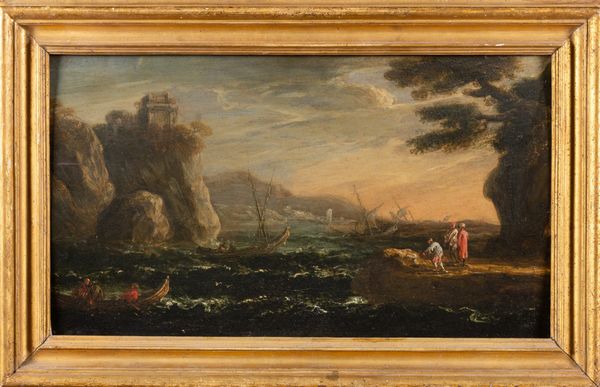 ,Jan de Momper, detto Monsù X : Marina in tempesta con astanti in riva  - Asta Dipinti e Disegni Antichi - Associazione Nazionale - Case d'Asta italiane
