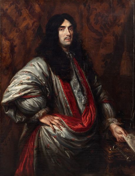 ,Scuola olandese, seconda metà del secolo XVII : Ritratto di nobiluomo a tre quarti di figura, con lettera in mano, in toga di seta grigia e porpora  - Asta Dipinti e Disegni Antichi - Associazione Nazionale - Case d'Asta italiane