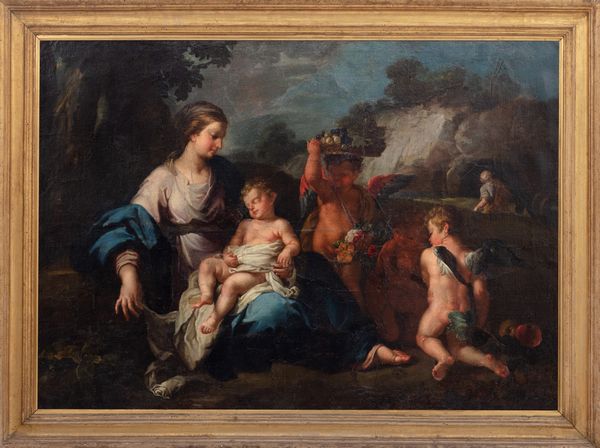 ,Scuola romana, seconda metà del secolo XVII : Riposo durante la fuga in Egitto  - Asta Dipinti e Disegni Antichi - Associazione Nazionale - Case d'Asta italiane