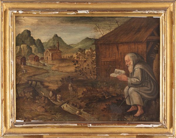,Scuola dell'Italia settentrionale, fine secolo XVI - inizi secolo XVII : Paesaggio con padre eremita  - Asta Dipinti e Disegni Antichi - Associazione Nazionale - Case d'Asta italiane