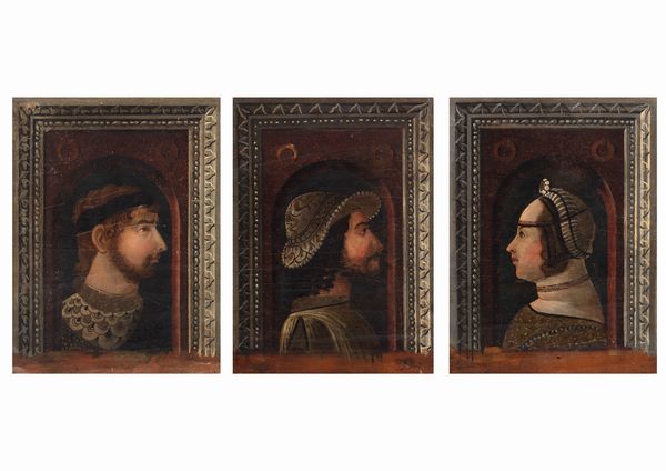 ,Maestro di Monticelli (Gerolamo Bembo?) attivo intorno al 1480-1490 : Due ritratti di gentiluomini e un ritratto di gentildonna (probabilmente Bona di Savoia, duchessa di Milano)  - Asta Dipinti e Disegni Antichi - Associazione Nazionale - Case d'Asta italiane