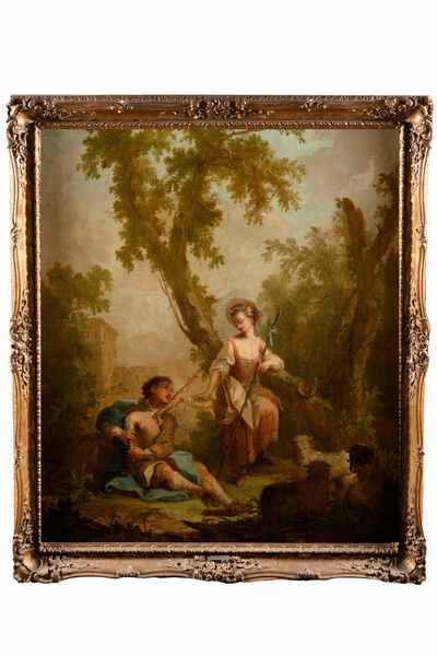 ,Scuola francese, secolo XVIII : Scena galante in un giardino  - Asta Dipinti e Disegni Antichi - Associazione Nazionale - Case d'Asta italiane