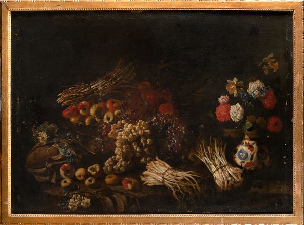 ,Scuola napoletana, secolo XVII : Mele, uva, asparagi, vaso di fiori en plein air  - Asta Dipinti e Disegni Antichi - Associazione Nazionale - Case d'Asta italiane