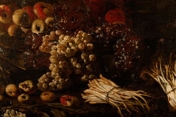 ,Scuola napoletana, secolo XVII : Mele, uva, asparagi, vaso di fiori en plein air  - Asta Dipinti e Disegni Antichi - Associazione Nazionale - Case d'Asta italiane