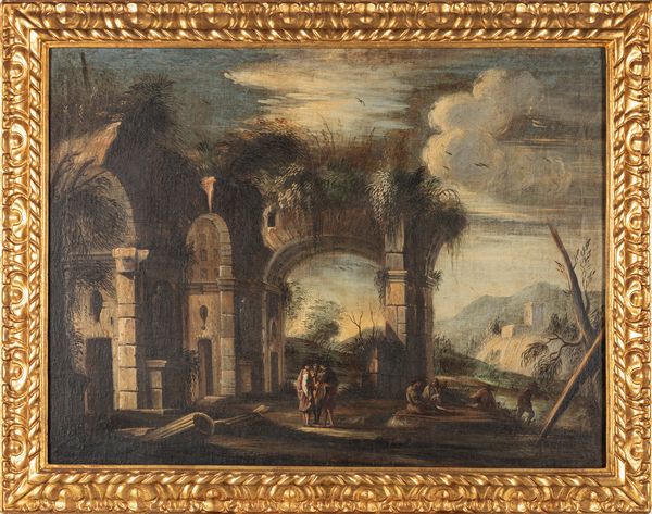 ,Scuola dell'Italia settentrionale, secolo XVIII : Capriccio architettonico con viandanti e corso d'acqua  - Asta Dipinti e Disegni Antichi - Associazione Nazionale - Case d'Asta italiane