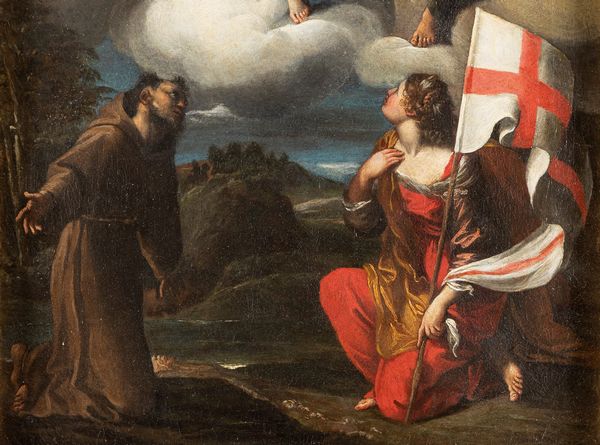 ,Scuola emiliana, secolo XVII : Madonna con Bambino in gloria, San Giovannino, San Giovanni Evangelista, San Pietro, angeli, San Francesco e Sant'Orsola  - Asta Dipinti e Disegni Antichi - Associazione Nazionale - Case d'Asta italiane