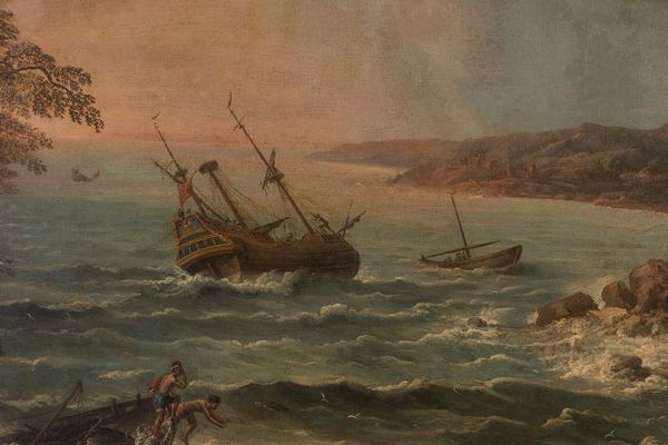,Scuola romana, fine secolo XVII - inizi secolo XVIII : Paesaggio con mare in tempesta  - Asta Dipinti e Disegni Antichi - Associazione Nazionale - Case d'Asta italiane
