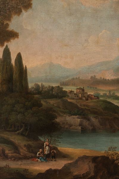 ,Scuola romana, fine secolo XVII - inizi secolo XVIII : Paesaggio fluviale con viandanti a riposo e cittadella sullo sfondo  - Asta Dipinti e Disegni Antichi - Associazione Nazionale - Case d'Asta italiane