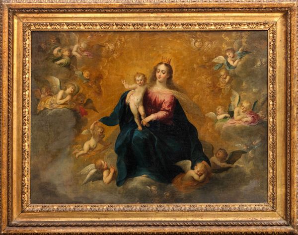 ,Scuola fiamminga, secolo XVII : Madonna con Bambino in gloria tra angeli  - Asta Dipinti e Disegni Antichi - Associazione Nazionale - Case d'Asta italiane