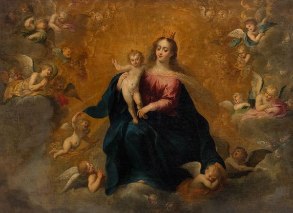 ,Scuola fiamminga, secolo XVII : Madonna con Bambino in gloria tra angeli  - Asta Dipinti e Disegni Antichi - Associazione Nazionale - Case d'Asta italiane