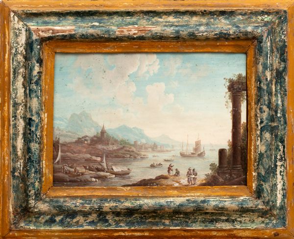 ,Scuola fiamminga, secolo XVIII : Due paesaggi costieri con velieri e astanti  - Asta Dipinti e Disegni Antichi - Associazione Nazionale - Case d'Asta italiane