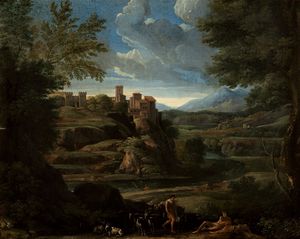 ,Scuola romana, secolo XVII - Paesaggio arcadico con pastori e armenti in primo piano e borgo turrito sullo sfondo