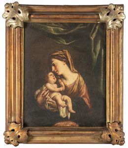 ,Scuola romana, fine secolo XVII - inizi secolo XVIII - Madonna con Bambino e drappo verde sullo sfondo