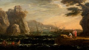 ,Jan de Momper, detto Monsù X - Marina in tempesta con astanti in riva