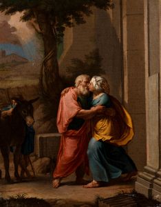 ,Scuola romana, seconda metà del secolo XVII - L'incontro di Gioacchino e Anna alla porta Aurea