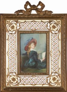 ,Scuola francese, secolo XIX - Ritratto di dama seduta con libro