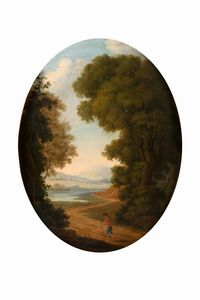 ,Scuola romana, fine secolo XVIII - inizi secolo XIX : Due paesaggi con viandanti (en pendant)  - Asta Dipinti e Disegni Antichi - Associazione Nazionale - Case d'Asta italiane