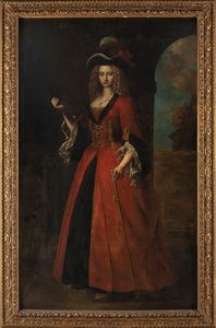 ,Scuola dell'Italia settentrionale, secolo XVIII - Ritratto di dama, a figura intera, in abito rosso con paesaggio sullo sfondo