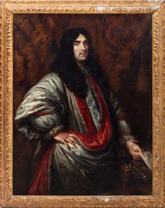 ,Scuola olandese, seconda metà del secolo XVII - Ritratto di nobiluomo a tre quarti di figura, con lettera in mano, in toga di seta grigia e porpora