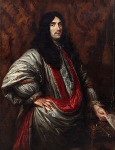 ,Scuola olandese, seconda metà del secolo XVII : Ritratto di nobiluomo a tre quarti di figura, con lettera in mano, in toga di seta grigia e porpora  - Asta Dipinti e Disegni Antichi - Associazione Nazionale - Case d'Asta italiane