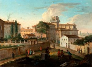 ,Scuola romana, secolo XVIII - Veduta del rione Monti a Roma
