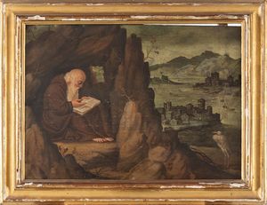 ,Scuola dell'Italia settentrionale, fine secolo XVI - inizi secolo XVII : Paesaggio con padre eremita  - Asta Dipinti e Disegni Antichi - Associazione Nazionale - Case d'Asta italiane